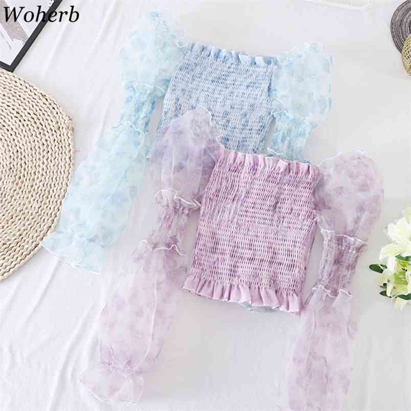 

Blue Floral Chiffon Shirt Women Summer Blusas Gauze Patchwork Puff Sleeve Blouse Korean Sweet Pleated Crop Tops 210519