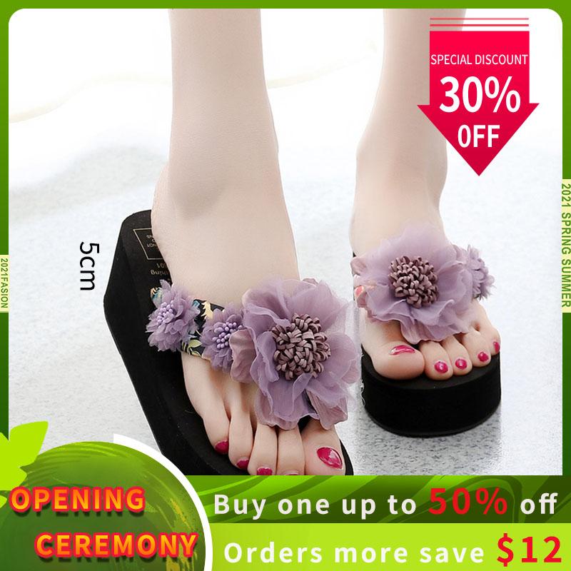 

Slippers Woman Manual Bohemia Flowers Flip Flops Thick Sole High Heel Beach Sandals Non-slip Big Size Summer Wedge Shoes, Black