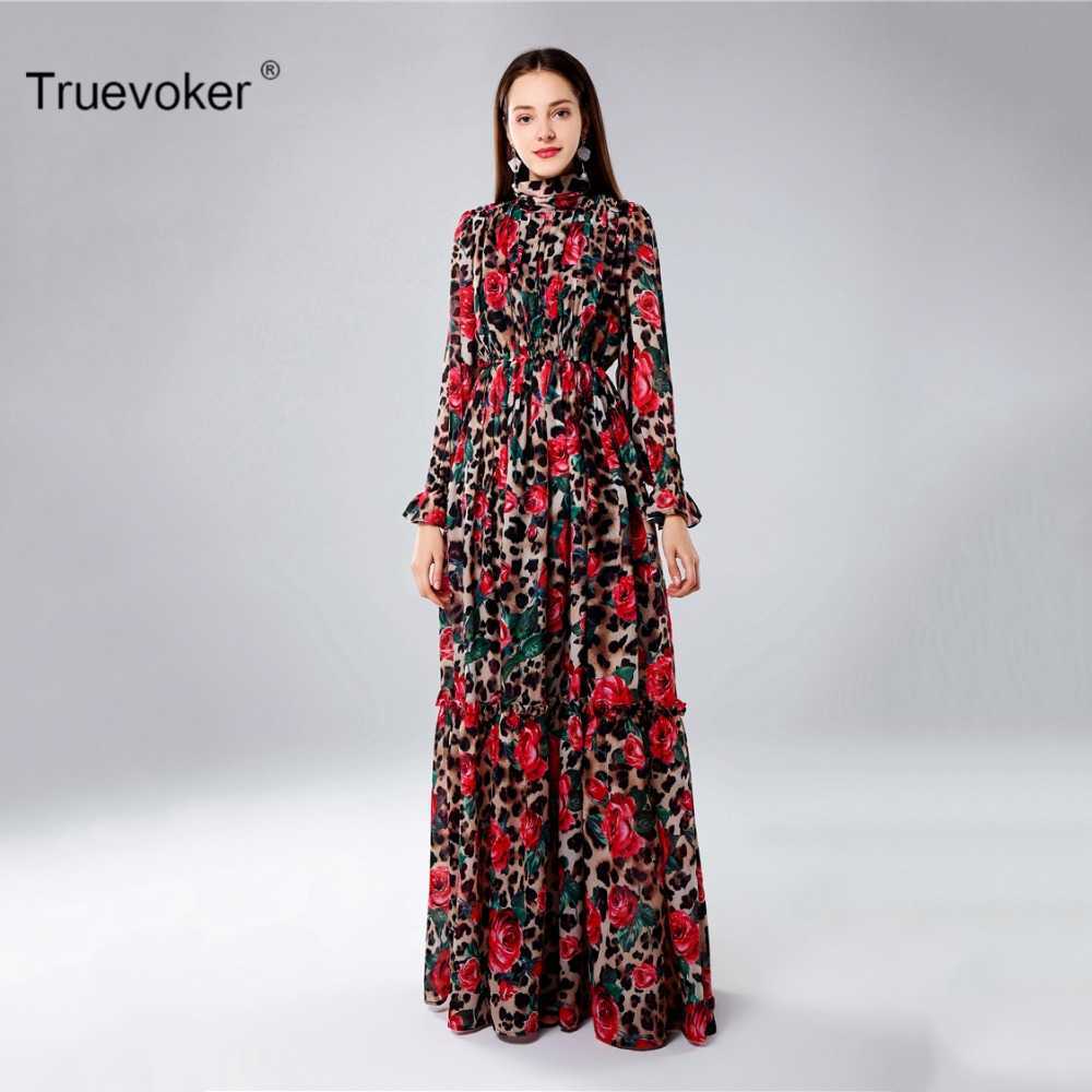 

Truevoker Spring Designer Party Dres's High Quality Full Sleeve Rose Floral Leopard Printed Maxi Long Holiday 210602, Blue