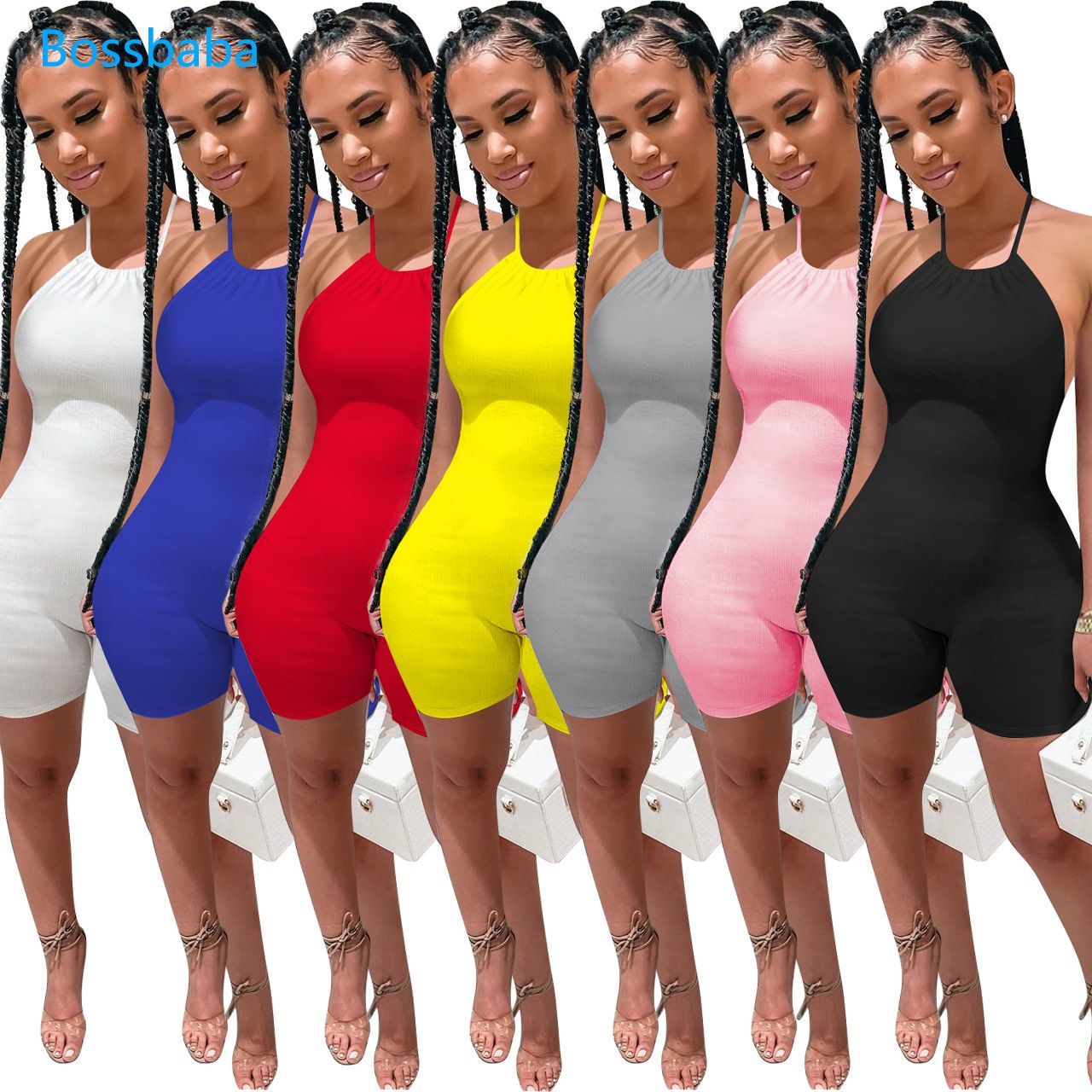 

Women Jumpsuit Designer U-neck Summer Style Hanging Neck Shorts Pants Fashion Strapping Rib Open Back Sexy Slim Rompers 835, Yellow