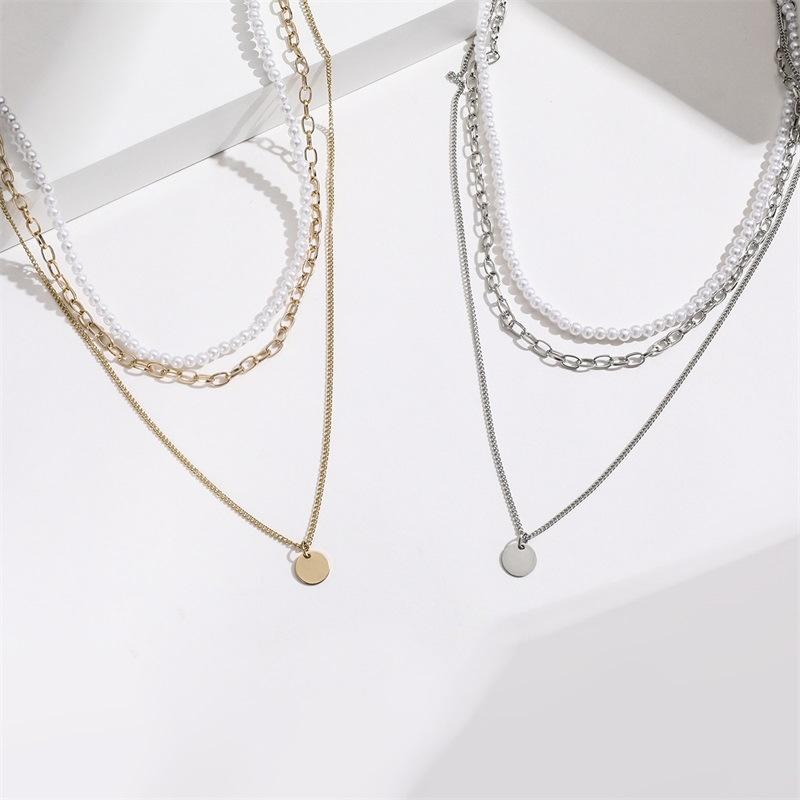 

Pendant Necklaces All-match 3-piece Set 2021 Temperament Women Necklace Fashion Multi-layer Pearl Disc Long Hole Clavicle Chain Romantic Gir