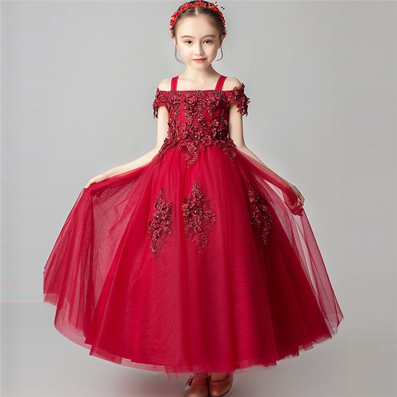 

Girl's Dresses Summer Luxury Exquisite Design Children Girls Sling-Collar Flowers Birthday Evening Party Princess Lace Long Fluffy Dress, Red;yellow