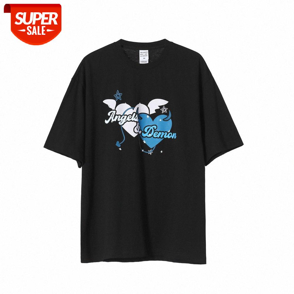 

Street flow love printed short-sleeved t-shirt men's loose round neck five-point sleeve #HE9g, White;black