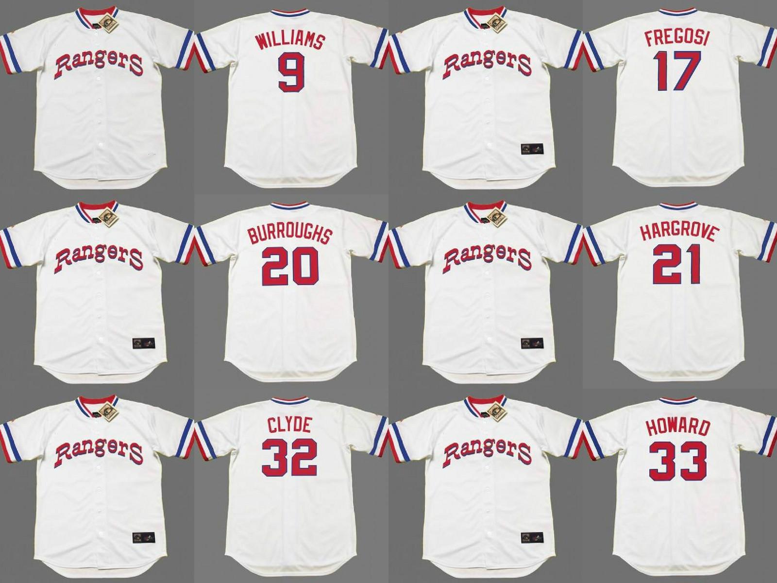 

Texas 9 TED WILLIAMS 17 JIM FREGOSI 20 JEFF BURROUGHS 21 MIKE HARGROVE 32 DAVID CLYDE 33 FRANK HOWARD Baseball jersey, Blue;black