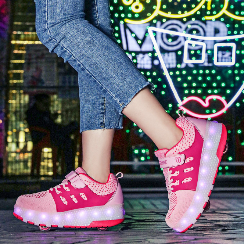 

Size 28-40 LED Light Sneakers with Double Wheels for Kids Luminous Roller Skate Shoes Children Girls USB Charging Wheel Shoes, Black