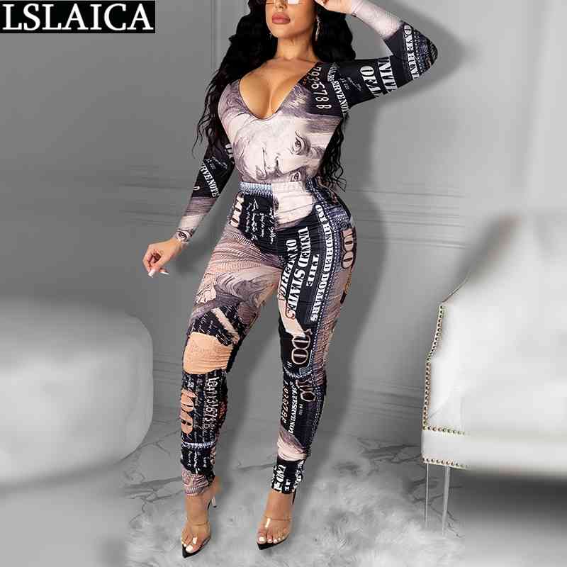 

Two Piece Set Women Dollar Bill Printing Elastic Waist Skinny Loungewear Plus Size Fashion Outfits for 210520, Gray