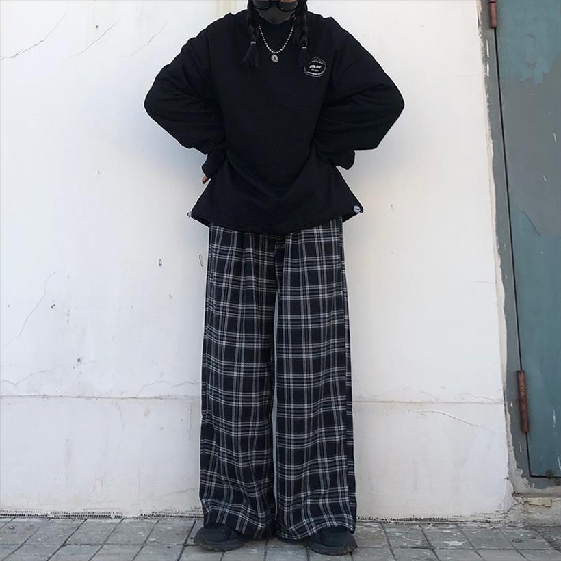 

zsiibo checked black loose women capri hip hop korean style plus size joggers in a trousers, Black;white