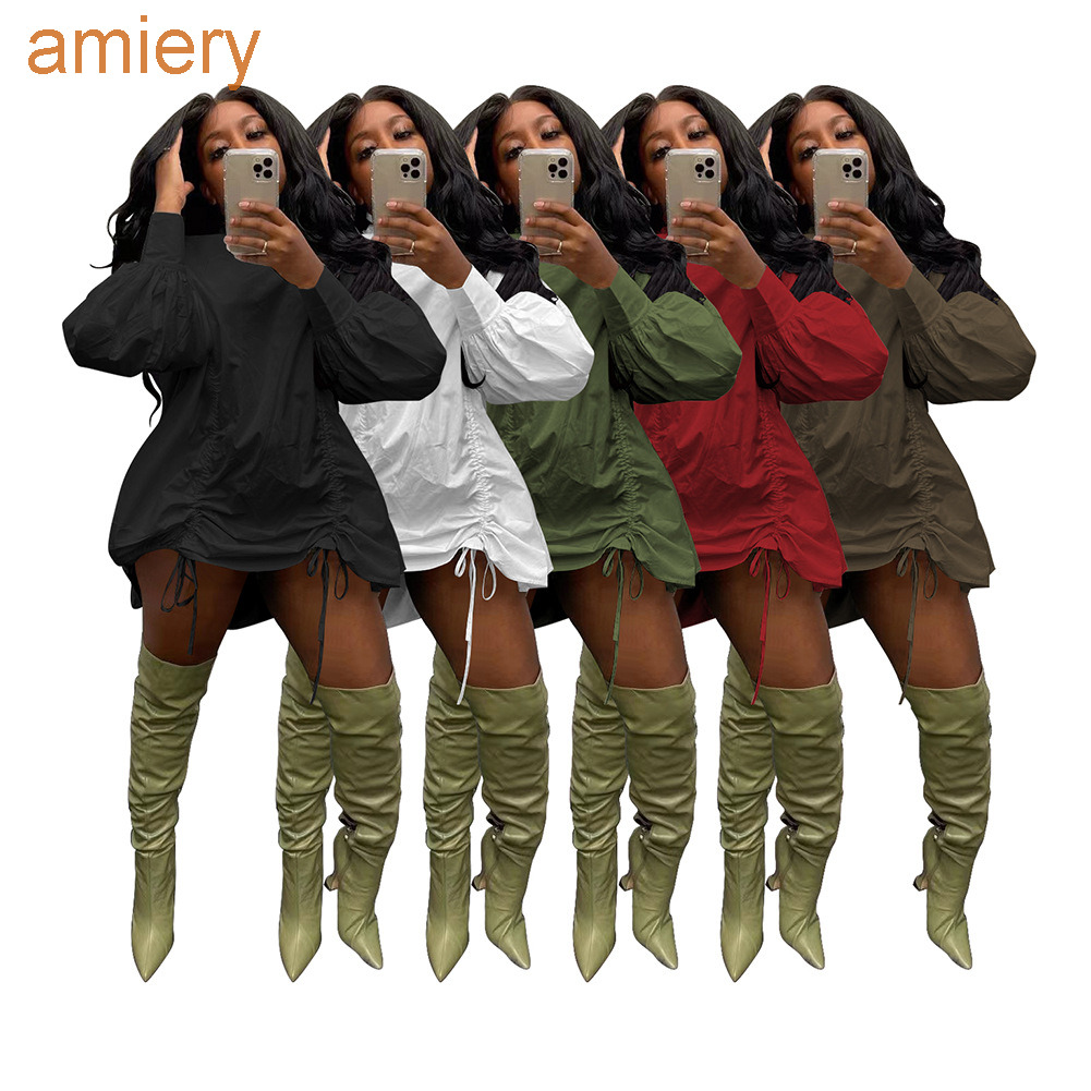 

Casual Dress For Woman Design High Collar Spring New Shirt Dresses Solid Color Loose Pleated Skirt S-XXL, Army green