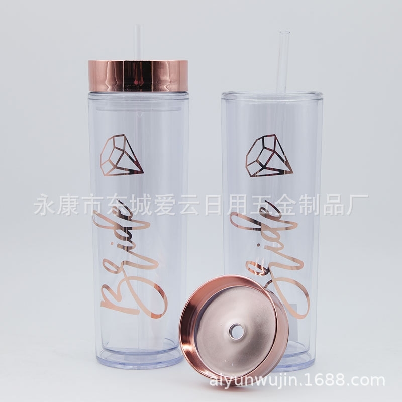

16oz transparent simple plastic straw electroplated cover skinny tumbler double-layer straight cup, White