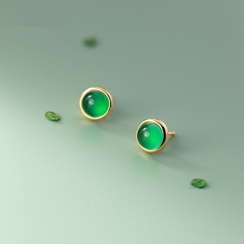 Stud Simple Design Summer Green Agate Geometric Round Earrings For Women 925 Sterling Silver Ear Jewelry-image-699086829
