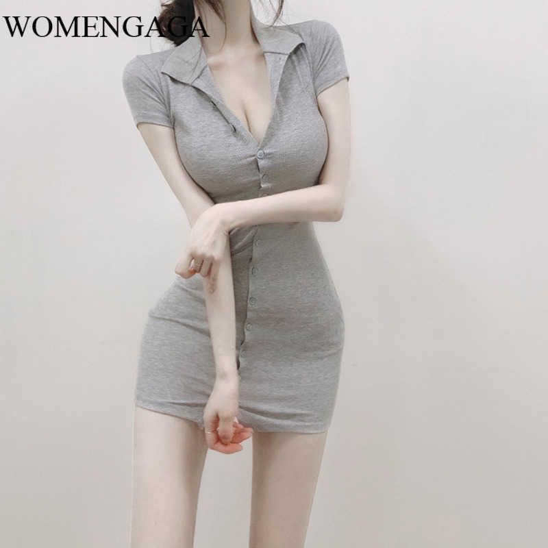 

WOMENGAGA Gray Sexy Buttons Knitting Elasticity Basic Simple Turn-down Collar T Shirt Mini Dres 5CL0 210603