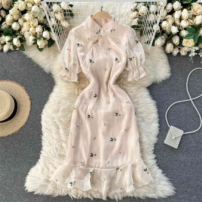 

High Quality Hand beaded Floral Embroidery Shinny Exquisite Cheongsam Dress for Women Retro Short Sleeve Slim Mermaid 210602, Picture color