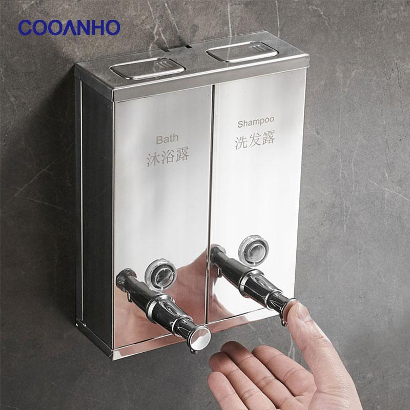 

Liquid Soap Dispenser COOANHO Stainless Steel Manual Wall-Mount Bottle, Family El Bathroom Shower 2-Chamber Pump Bottle Dispensers