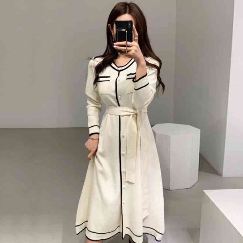 

Chic Gentle Knitting Dresses Woman Spring Korean Elegant Contrast Color O-neck Mid-length Versatile Dress Tide, Black;gray