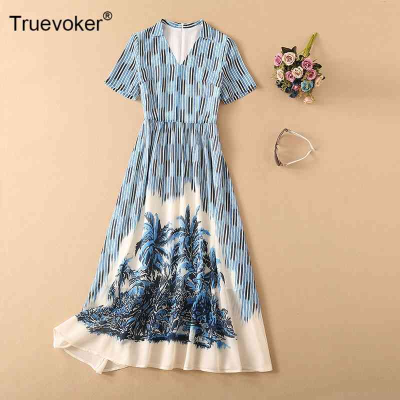 

Truevoker European Runway Fashion Desiger Dress Lady Short Sleeve Casual Blue Strip Print Midi Long Party Robe 210602, Sky blue