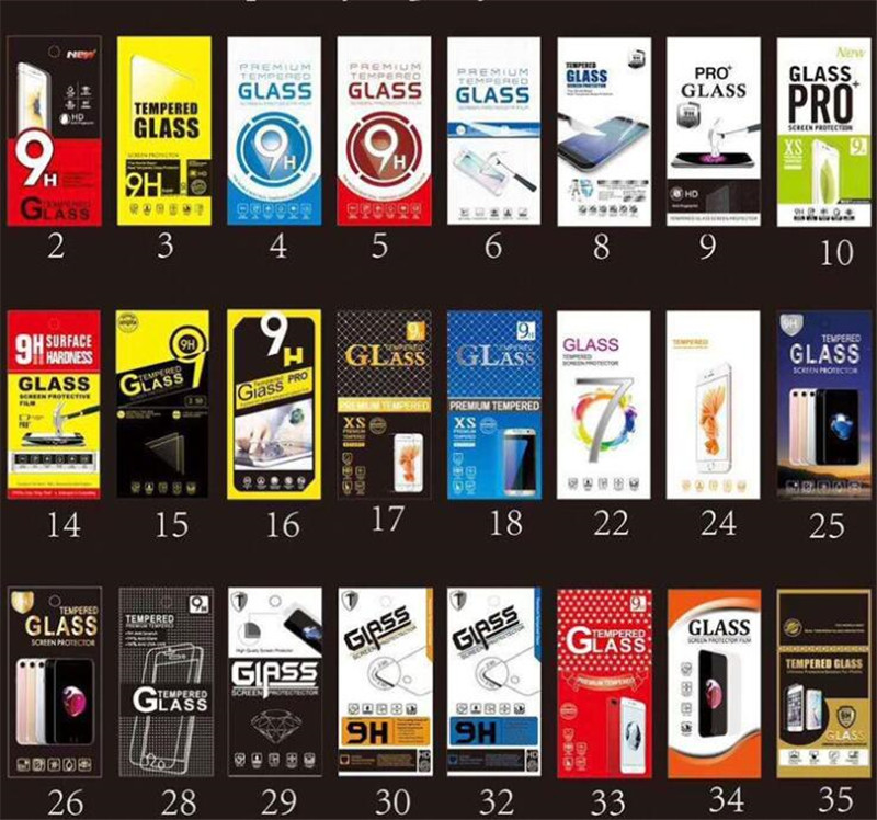 

36 designs universal 9H Screen Protector Tempered Glass Cell Phone Film retail box paper retail package
