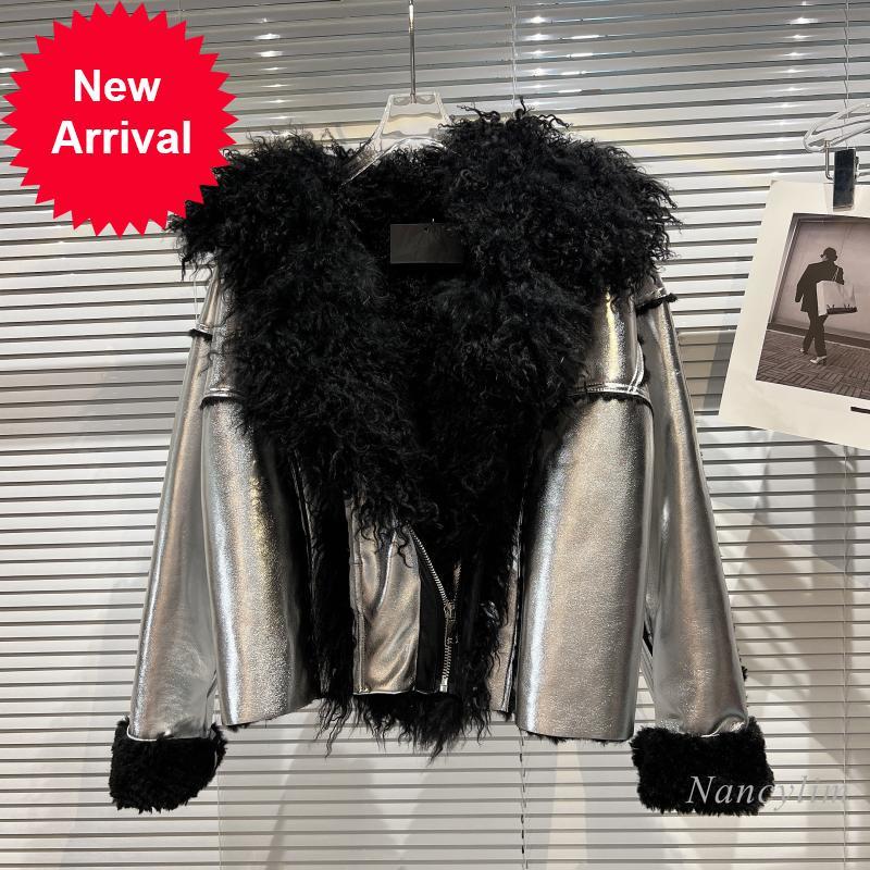 

Women's Leather & Faux Silver Jacket Women Winter Lamb Fur Lapel Fleece Warm Coat Female Loose Overcoats Lady Cool Motorcycle Coats 2022, Black
