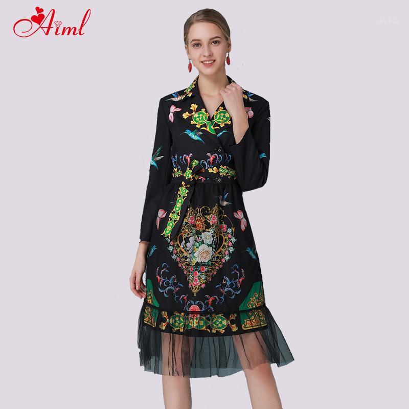 

Casual Dresses Designer Runway Fashion Spring Summer Midi Dress Women Belt Long Sleeve Printing Embroidery Mesh Elegant Vintage, Black