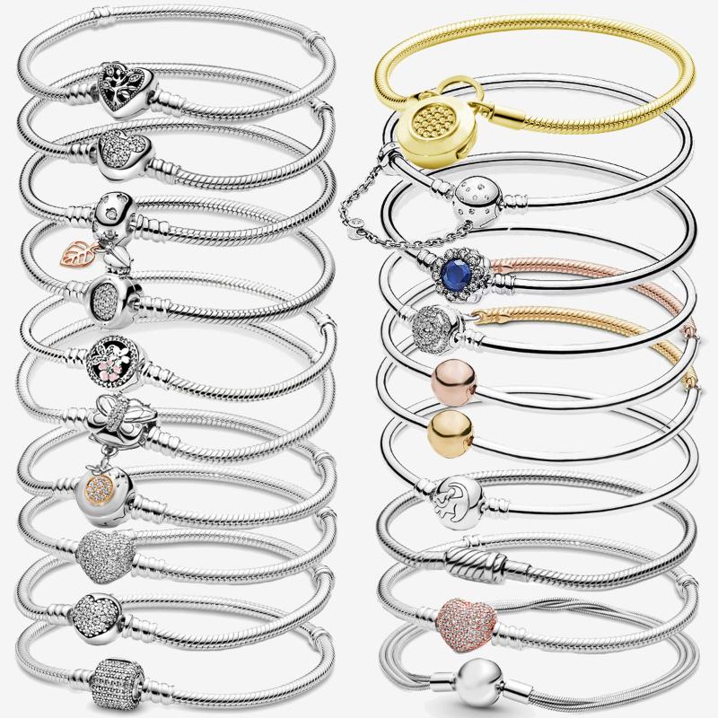 

Other Bracelets Charms 925 Sterling Silver Love Heart Sliding Magnetic Bracelet Multi Snake Chain Sparkling Disc Mouse Clasp Bangle, Golden;silver