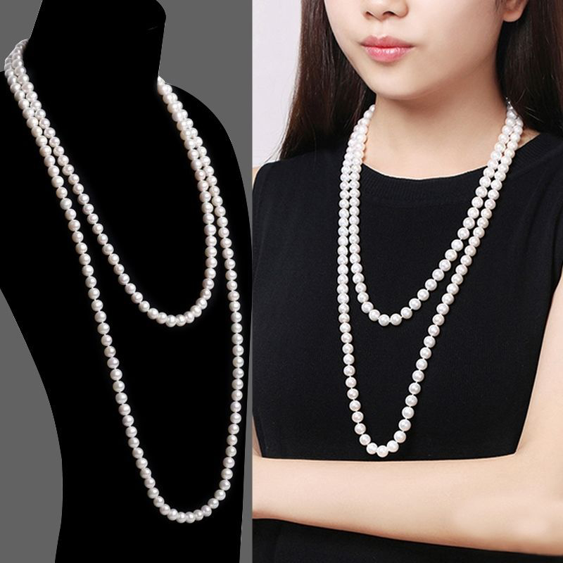 

1.5M Long Simple Pearl Necklace Women Versatile Chain Collarbone Multi-layer Ladies White/Pink/Champagne/Black Colors Christmas NewYear Gift, Silver