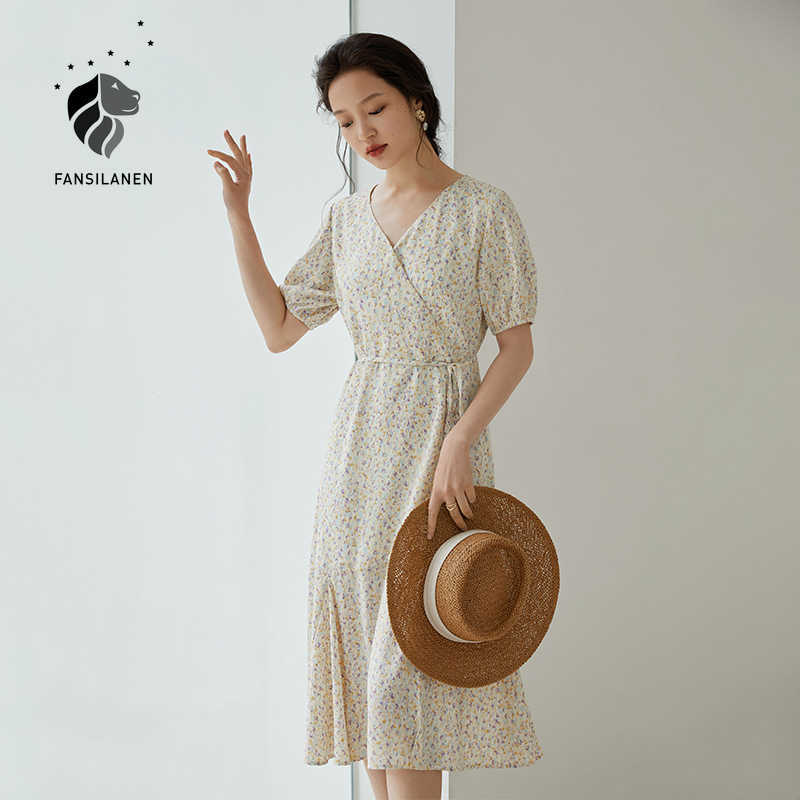 

FANSILANEN Office Ladies V-neck Chiffon Floral Dress Women Summer French Sweet High Waist Short Sleeved Skirt 210607, Beige