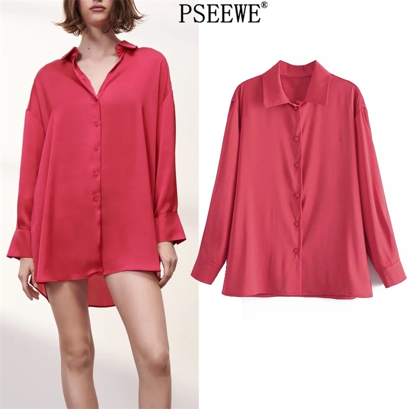 

Red Satin Women Shirt Button Up White Woman Blue Collared Basic Office Long Sleeve Casual Elegant Blouses 210519