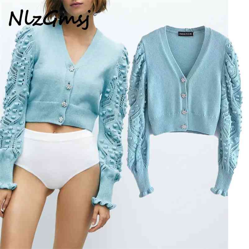 

Sweater Women Button Pompom Knit Long Sleeve Vintage Blue Knitted Top Female Chic Cropped s 03 210628, As picture