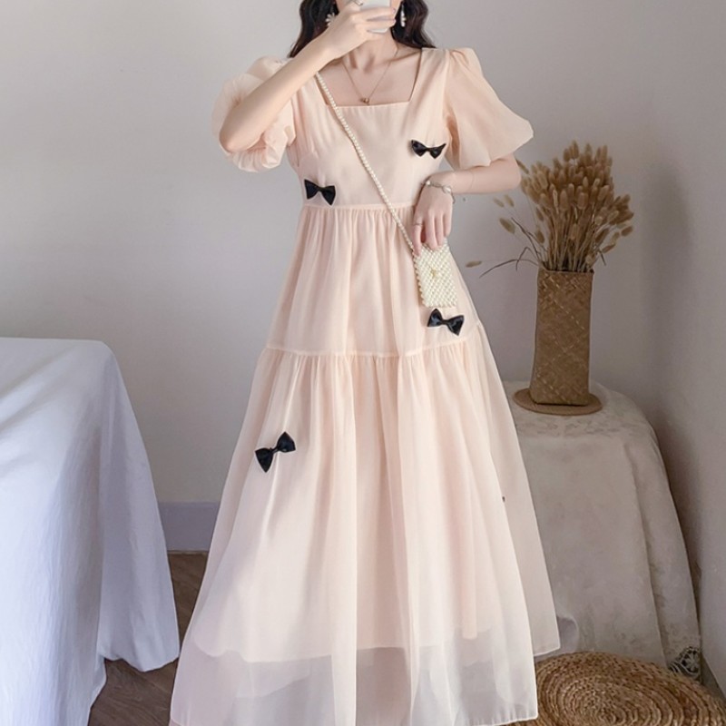 

Elegant Square Collar Women Solid Chiffon Puff Sleeve Dresses Korean Fashion Sweet Bow Vintage Fairy Party Dress Vestidos 210518, Photo color