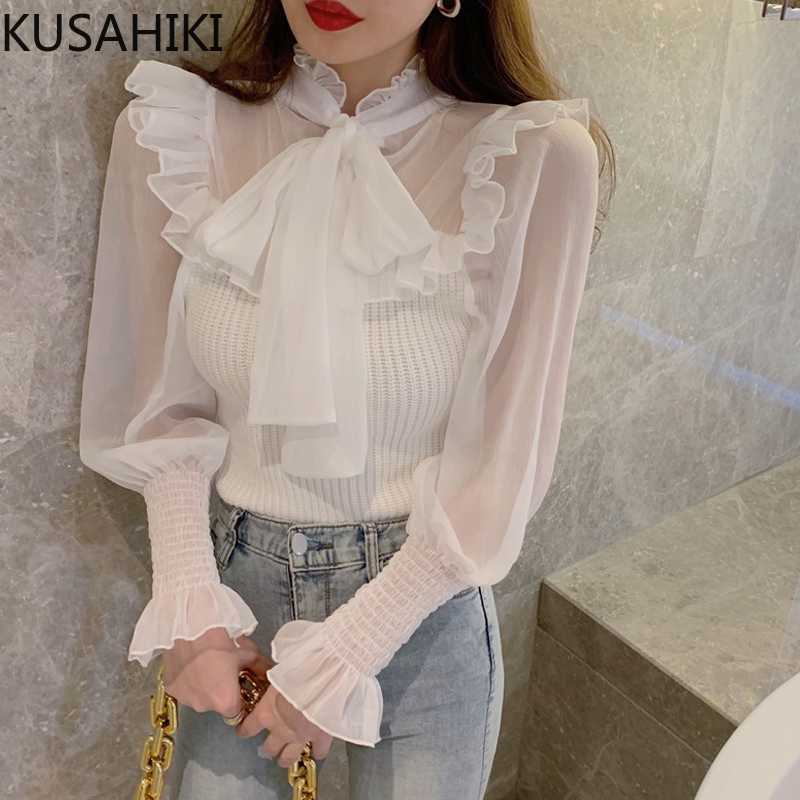 

Perspective Mesh Patchwork Knitted Pullovers Korean Bow Tie Lantern Sleeve Knitwear Spring Slim Short Jumper 6E681 210603, White