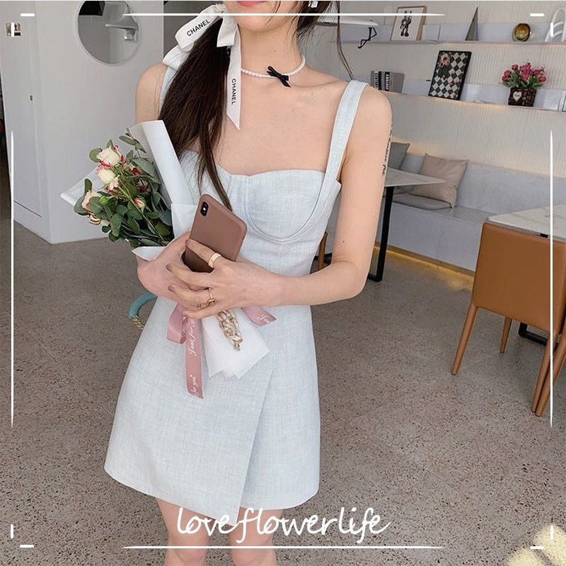 

French Sweet Dress Women Straps Solid Casual High Waist Sexy Mini Dress Office Lady Evening Party Summer Dress Kroea Style 210521, Light blue