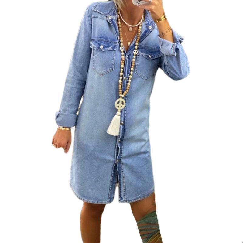

Casual Dresses Fashion Women Denim T Shirt Autumn Winter Long Sleeve Ladies Elegant Plain Midi Streetwear Plus Size XK9D, As pic