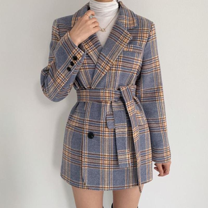 

Women' Wool & Blends Autumn Winter Vintage Plaid Woolen Coat Women Turn Down Collar Button Bandage Coats Woman Streetwear Korean Outerwear, Blue