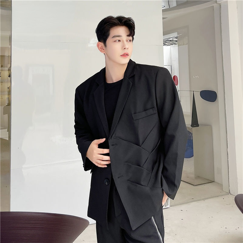 

2021 Autumn New Trend Niche Design Men's White Blazer Chic Tops Three-dimensional Cutting Single Breasted Suit Coat, White;black
