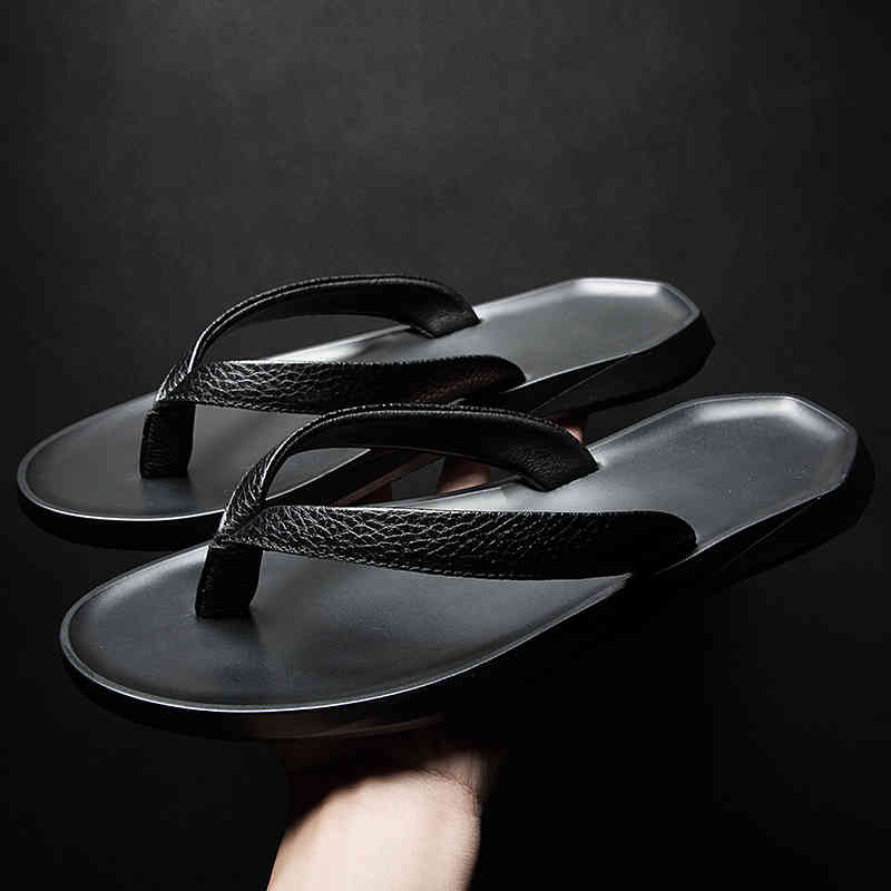 

slippers new brand men's summer beach flip flops soft male comfortable slides real leather light outdoor shoes 8213, Black