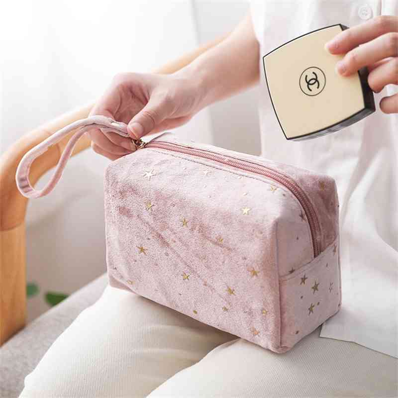 

Nordic style ins hand held velvet bronzing portable cosmetic storage flannelette wash bag, Grey matte