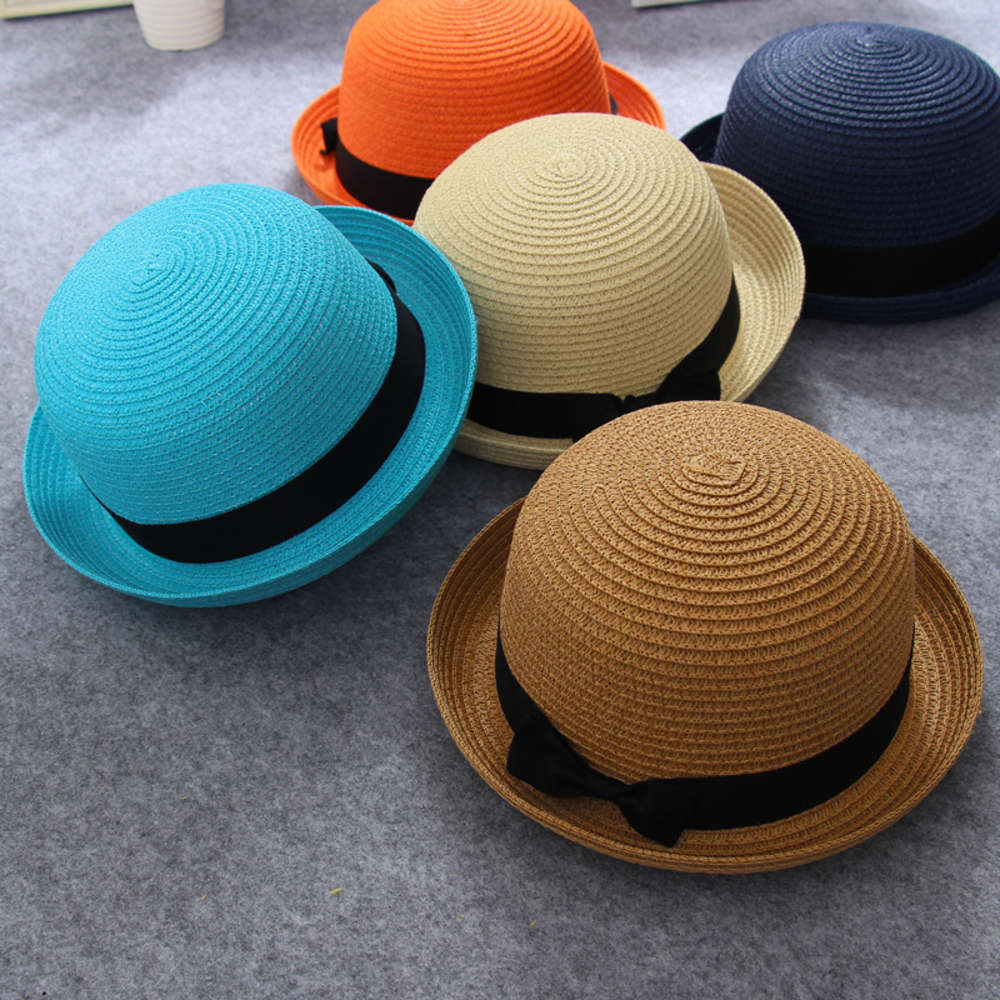 

Korean curled straw hat women's dome top parent child sunshade summer children's boy's, Yellow