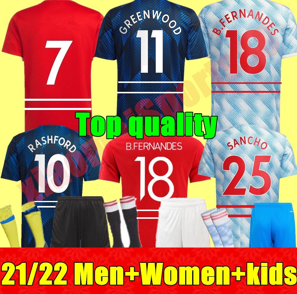 

TOP New 21 22 adult Man Men + kids kit soccer jersey 2021 2022 SANCHO POGBA CAVANI UTD VAN DE BEEK MANCHESTER B. FERNANDES RASHFORD LINGARD football shirt, Kids 3rd+socks
