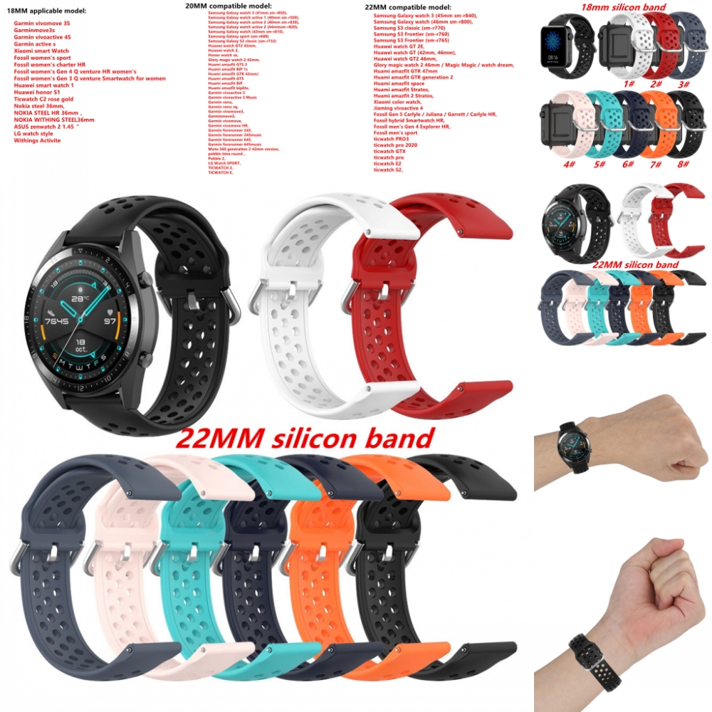 

Silicone Strap 18mm 20mm 22mm Breathable Band Bracelet for Samsung Galaxy Watch Active2 42mm 40mm Gear S3 Huawei GT Amazfit Garmin vivomove3
