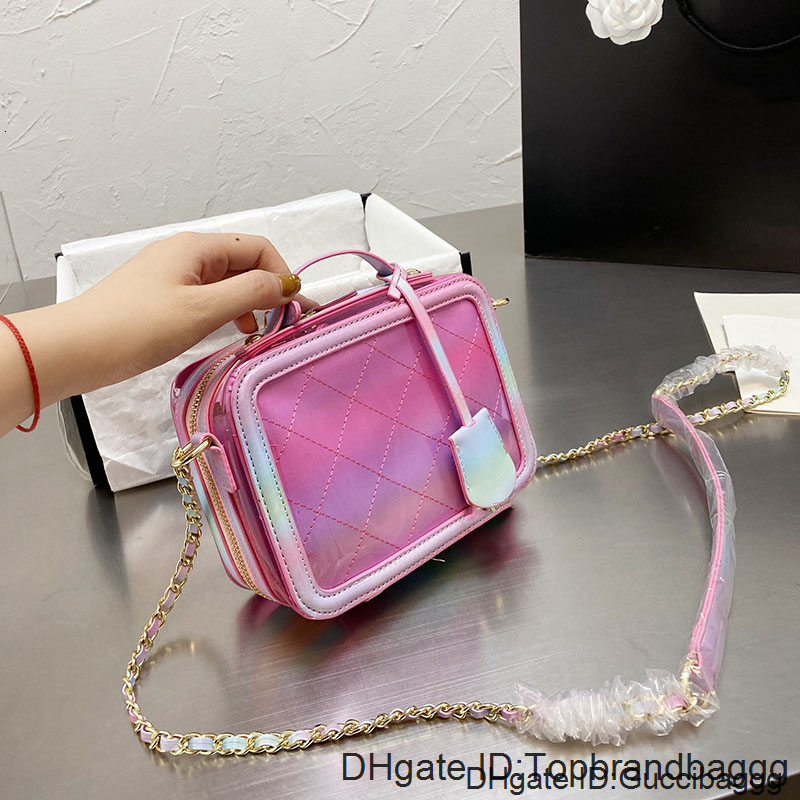 

High Quality Ss21 PVC Womens Camera Bag Famous Brand Mini Crossbody Shoulder Clutch Iridescent Rainbow Waterproof Multifunction Lady Luxurys, Pink