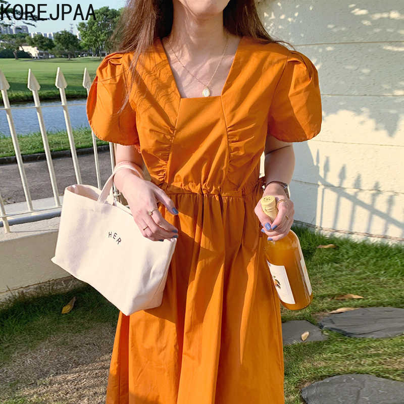 

Korejpaa Women Dress Summer Western Style Square Collar Pleated Drawstring Design Sense Waist Slimming Puff Sleeve Vestidos 210526, Green
