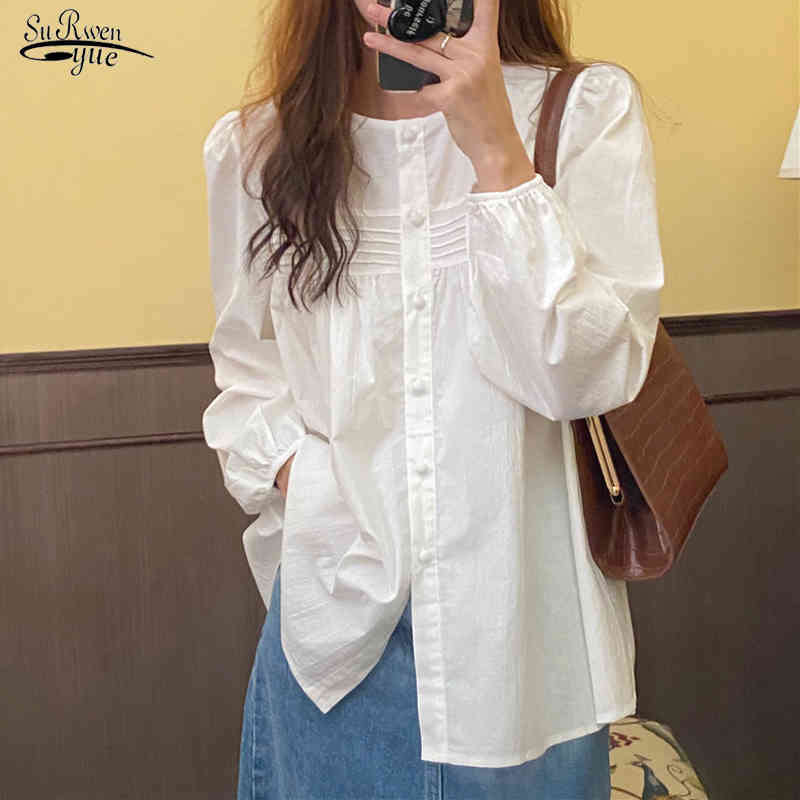

Blusas Mujer Korean Loose Round Neck Solid Color Simple and Versatile Long Sleeve Shirt Casual Chic Poplin Chemise Tops 12366 210521, White
