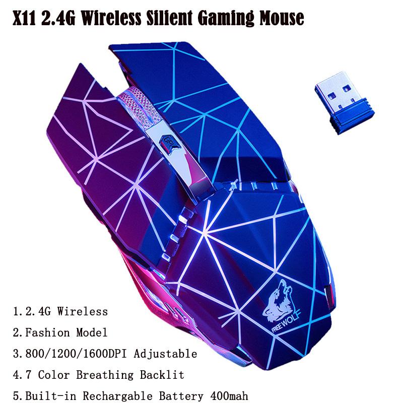 

Mice Free Wolf X11 2.4G Wireless Silent Gaming Mouse 400mah Rechargable Seven-color Cycle Breathing Lamp 1600DPI For Laptop PC