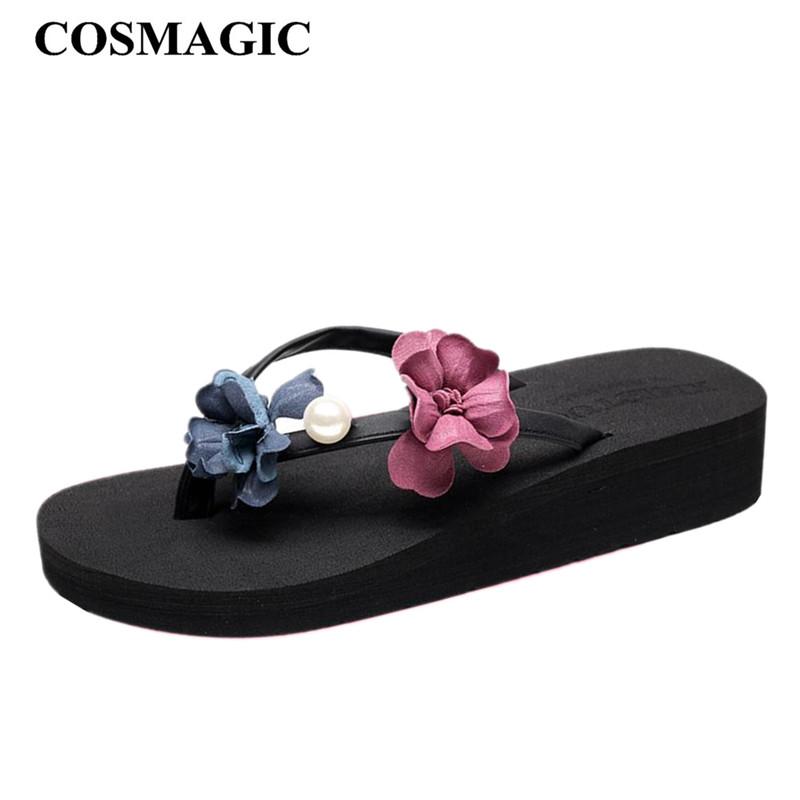 

Slippers COSMAGIC Flower Pearl Flip Flops 2021 Women Summer Sweet Beach Handmade Crystal 3cm Heel Slide Shoe, Black