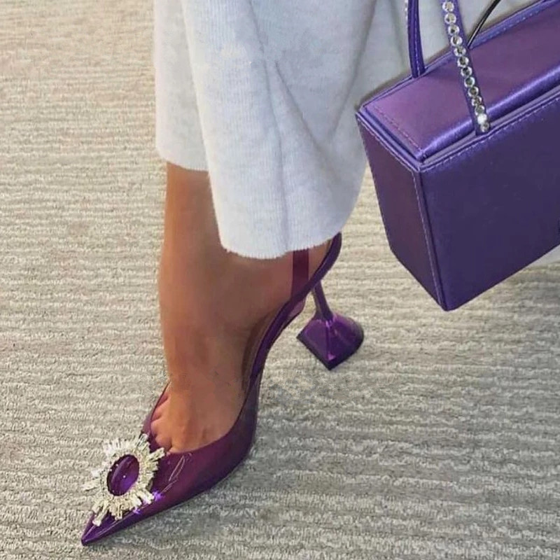 

2021 Runway Sun Rhinestone Sandals Women Pumps Pointed-Toe Transparent PVC Wine Glass Summer Sandal Party Wedding mujer Shoes, Purple