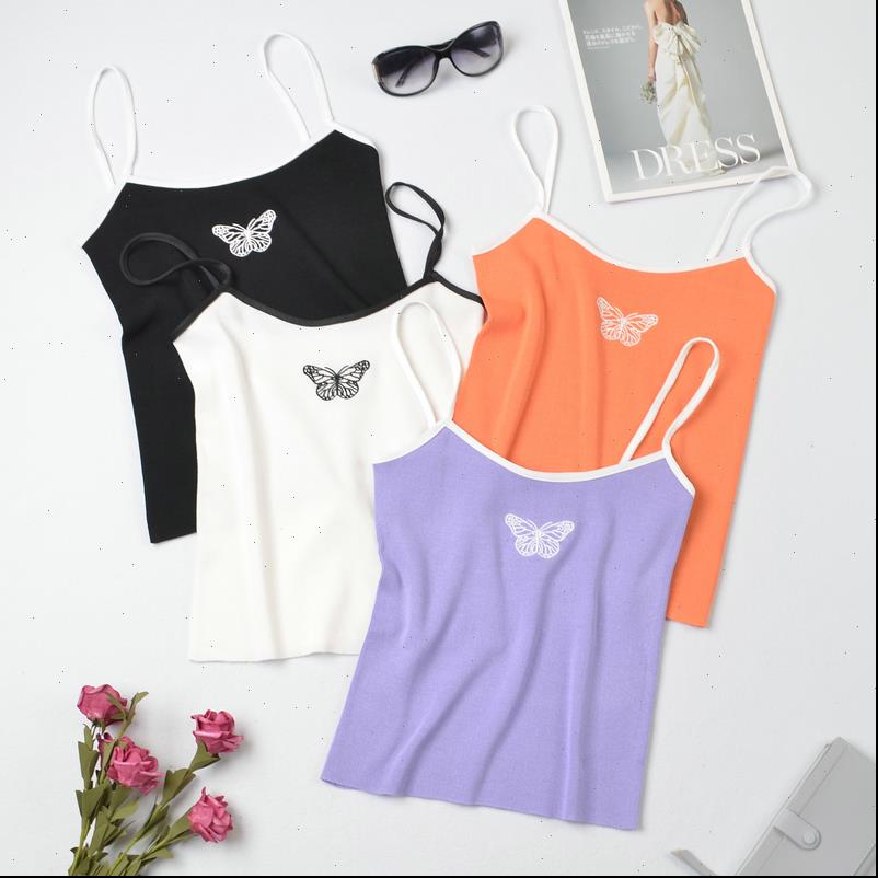 

summer knit embroidered butterfly womens camis crop girls knitted camisole sleeveless tee shirts spaghetti strap female, White