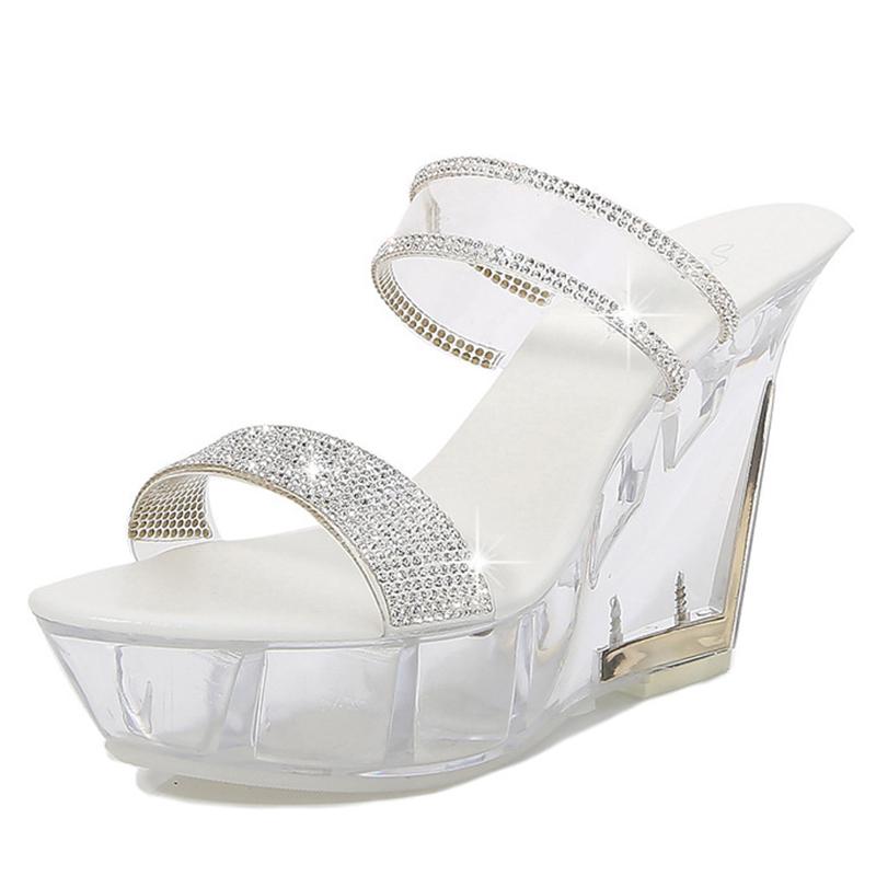 

Nightclub Transparent Pearl Diamond Crystal Sole Women's Shoes Large Size Ladies Comfortable Wedge High Heel Sandals Slippers, White double diamond