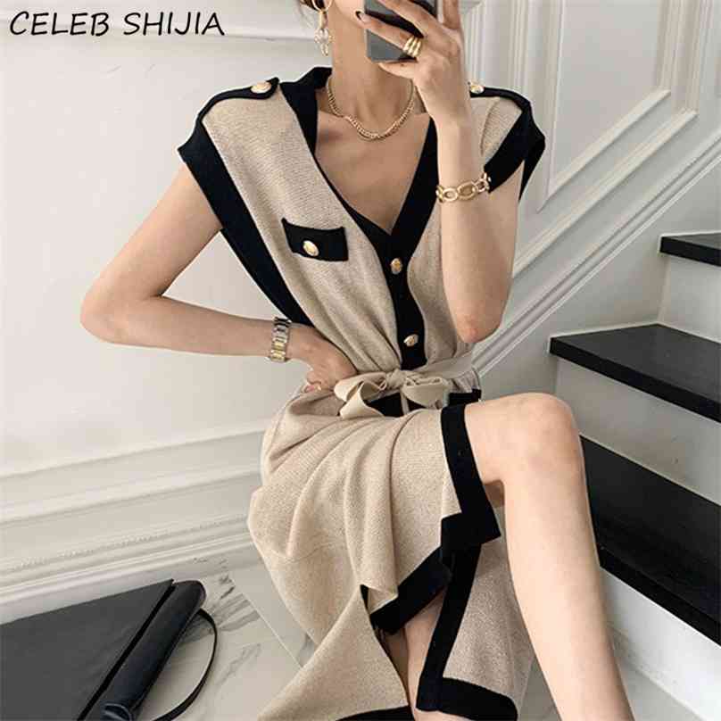 

Vintage Apricot Knitted Dress Woman Summer Sleeveless Single-breasted Vestido Female Elegant Party es 210603, Gray