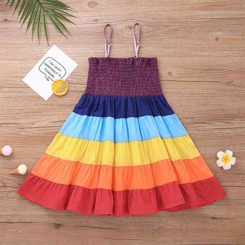 

Summer Girls Dress Strap Rainbow Color Bodycon Cute School Style Cake Vestidos 18M-6T 210629, Multi