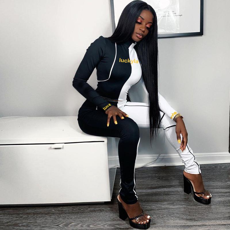 

Women' Tracksuits Lucky Lab Letter Print Long Sleeve Skinny Crop Top And Striped Pencil Leggings Contrast Color Two Piece Matching Set Stre, Orange