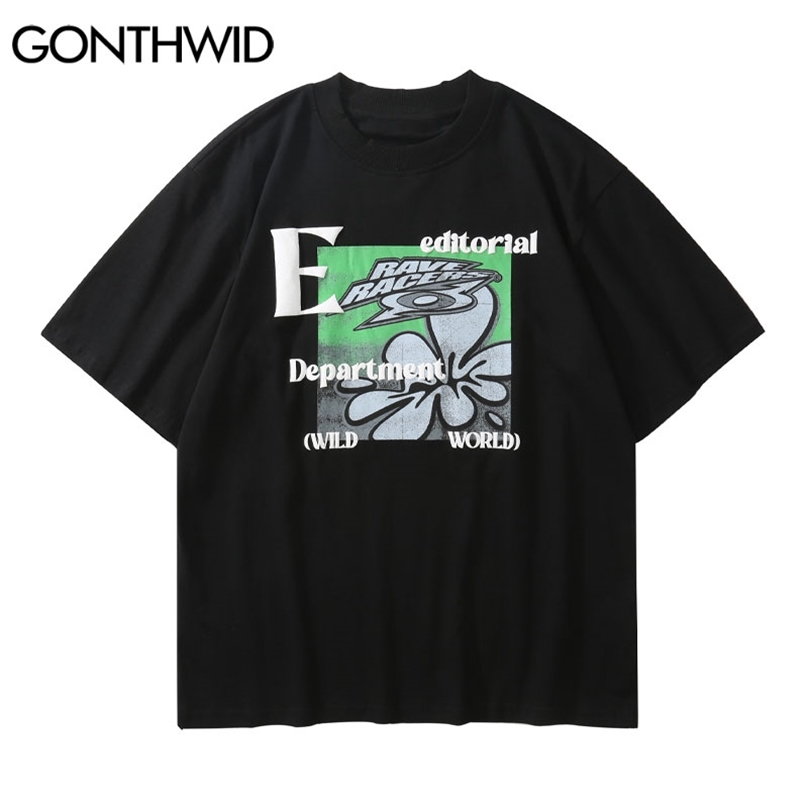 

Oversized Tshirts Harajuku Flowers T-Shirt Streetwear Loose Summer Hipster Casual Cotton Mens Tees Tops 210602, White